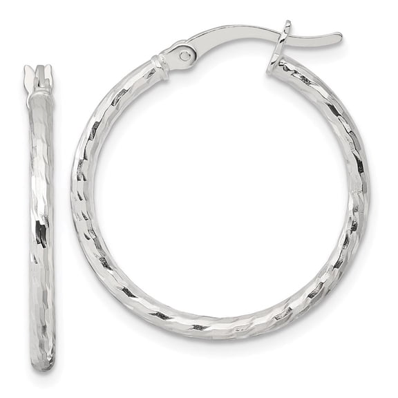 Sterling Silver Polished Diamond-cut 25x2mm Round Hoop Earrings