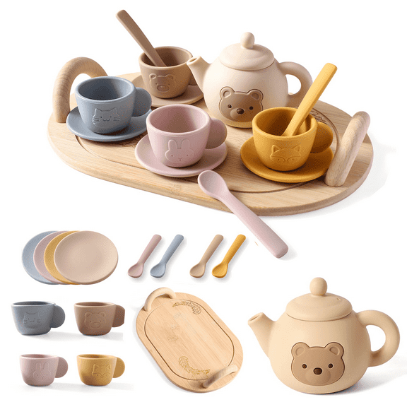 Tea Party Set for Little Girls 1-3 Kids Tea Set with Silicone Teapot Cups Coasters Carrying Scoop Wooden Tray, Kitchen Accessories Pretend Play for Girls Boys Age 3 4 5 (15 Pcs)