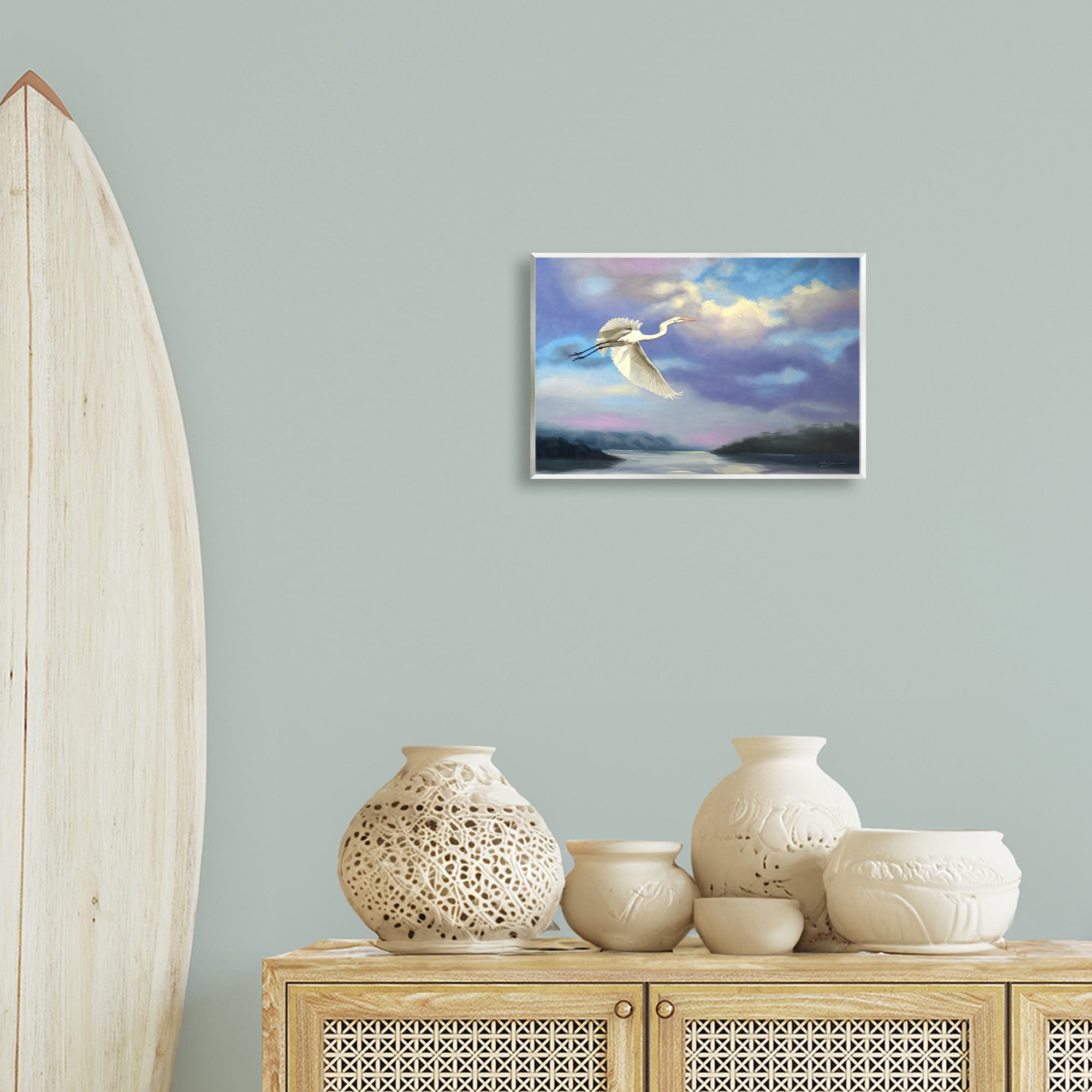 Stupell Industries Egret Over Clouds Landscape Painting Unframed Art Print Wall Art, 15 x 10