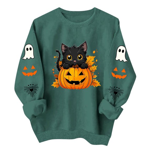 Women's Cute Black Cat in Pumpkin Sweatshirts Halloween Graphic Pullovers Long Sleeve Crew Neck Casual Fall Tops