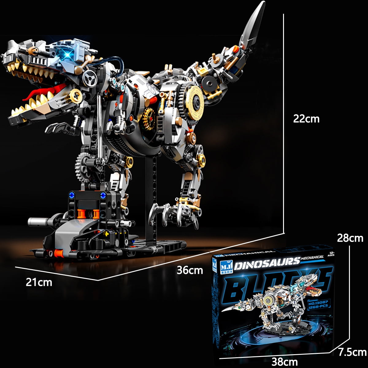 Mechanical T-Rex Building Set with Light-Up Eyes, 1268-Piece Dinosaur Model Kit for Adults & Kids 12+, STEM Toy with Movable Jaw for Home Office Decor