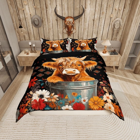 Erosebridal Kawaii Highland Cattle Comforter Cover Twin, Multicolor Floral Bedding Twin Size, Rustic Farmhouse Decor, Reversible 2pcs (No Comforter)