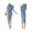 thumbnail image 6 of Wassery Women's Denim Dress Short Sleeve V Neck Tie Front Ruched  Dress， Button Down Midi Dress Summer  Blue Slim Clothes S-XXL, 6 of 7