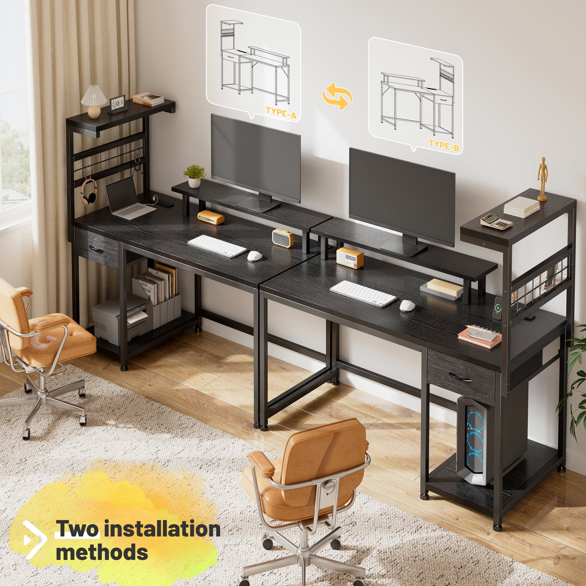 EnHomee 39.4“ WDesk with Power Outlets & Hutch Homing Desk for Small Space Computer Desk with Storage Shelves，Black