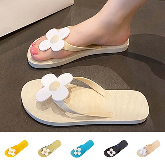 GERsome Women's Flip-Flops Slip-On Thong Sandals Indoor Outdoor Summer Beach Walking Flat Slide Sandals, Beige Size 5.5
