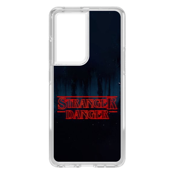 DistinctInk Clear Shockproof Hybrid Case for Galaxy S21 ULTRA 5G (6.8" Screen) - TPU Bumper, Acrylic Back, Tempered Glass Screen Protector - Red Forest "Stranger Danger"