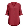 thumbnail image 6 of ClodeEU Women's V Neck Roll Up Sleeve Button Down Shirt, Casual Loose Blouse Red,Women's Plus M, 6 of 6