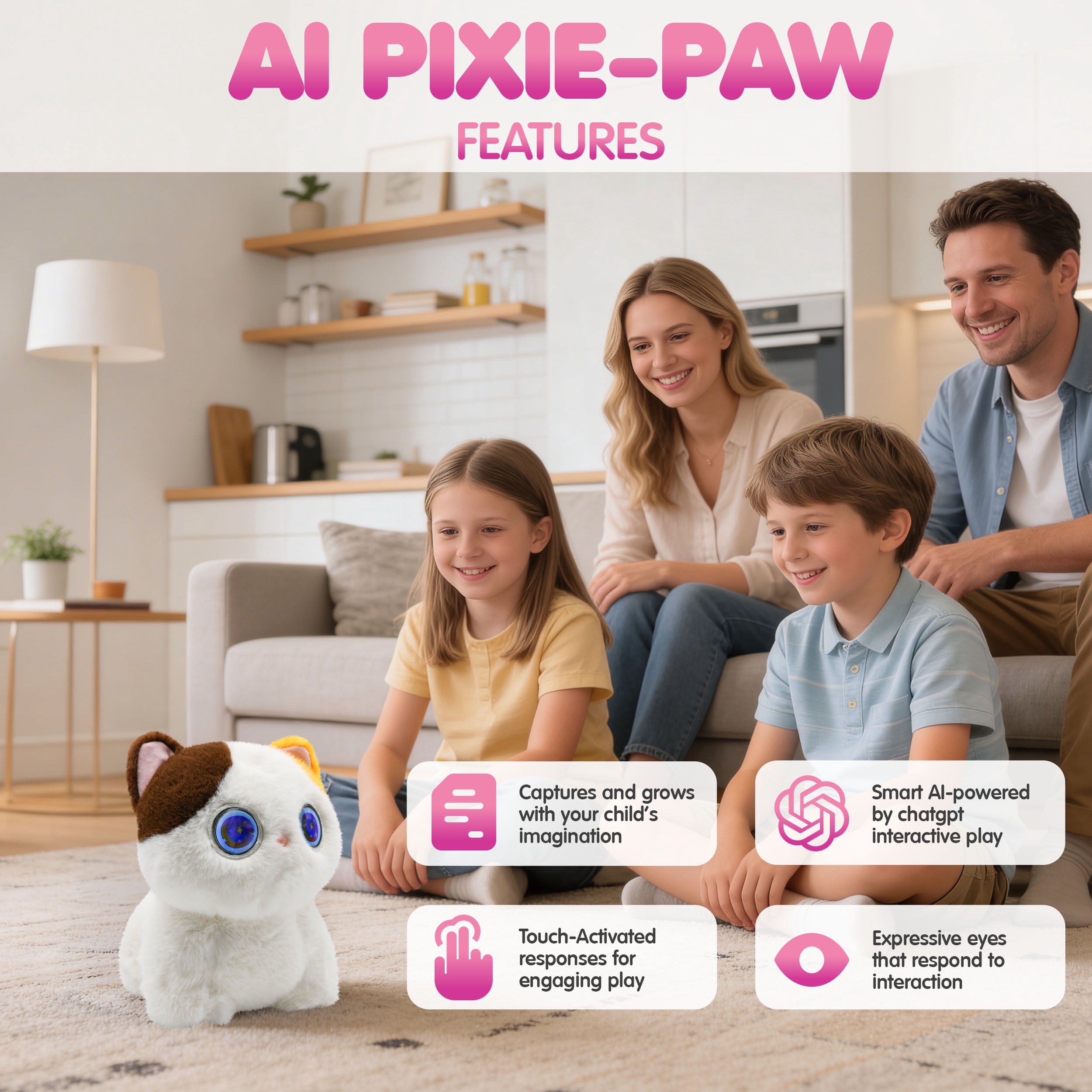 AI Pixie Paw Smart Interactive Plush Cat Voice Responsive Touch Activated Expressive Eyes AI Companion Stuffed Animal for Kids and Pet Lovers, White