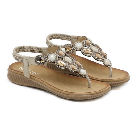 

Women‘s Rhinestone Decor Flat Sandals Open Toe Round Toe Flip Flop Elastic Ankle Strap Sandals Women‘s Boho Style Footwear