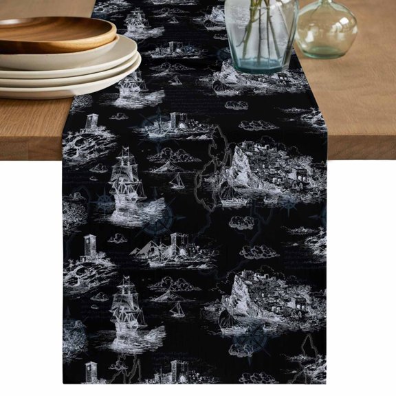 Nautical Ship Table Runner 72 Inches, Vintage Black Coastal Lighthouse Mountain Bed Runner Dresser Scarves Tabletop for Indoor Outdoor Parties/Ceremony/Banquet, 14" x 72"