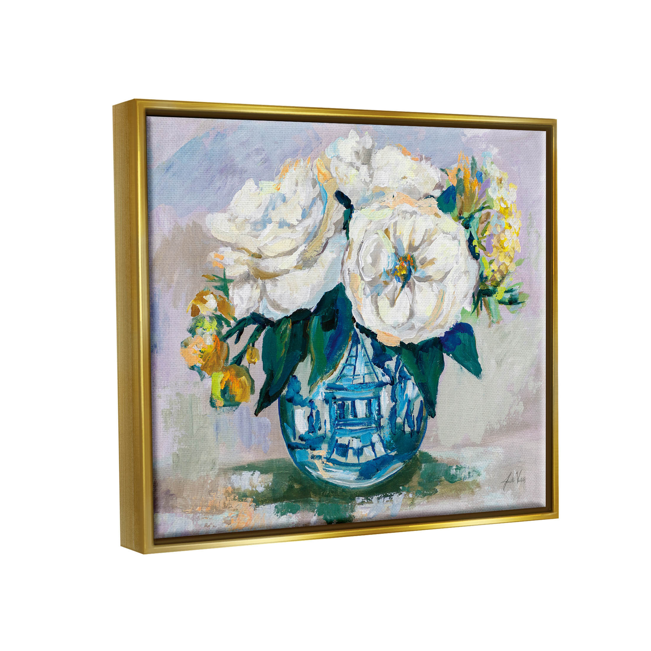 Stupell Industries Bold Modern Flower Bouquet Blossoms Painting Metallic Gold Floating Framed Canvas Print Wall Art, Design by Jeanette Vertentes