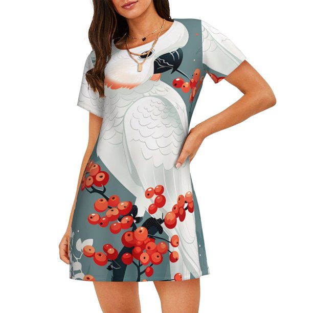 Disketp Cockatoo Red Berries para Camisón Corto de Manga Corta para Mujeres, Camisón Cómodo con Escote Redondo, Bonito y Confortable