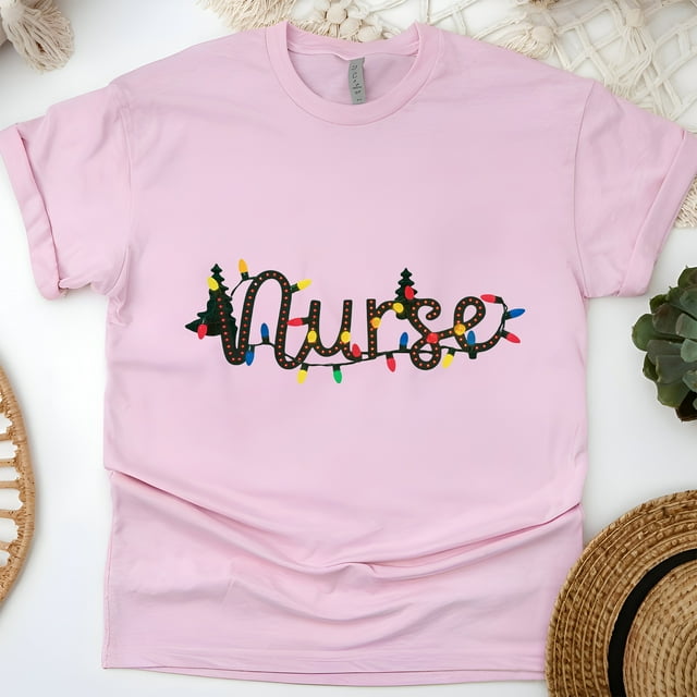 Nurse Graphic T-Shirt with String Lights Design, Unisex Casual Tee, Light Pink, Size XL