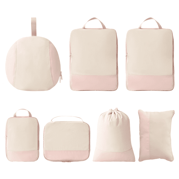 7 Pcs Travel Polyester Storage Bags Set, Compression Multi-Functional Luggage Organizers, Space-Saving Packing Cubes with Stylish Color-Blocked Design