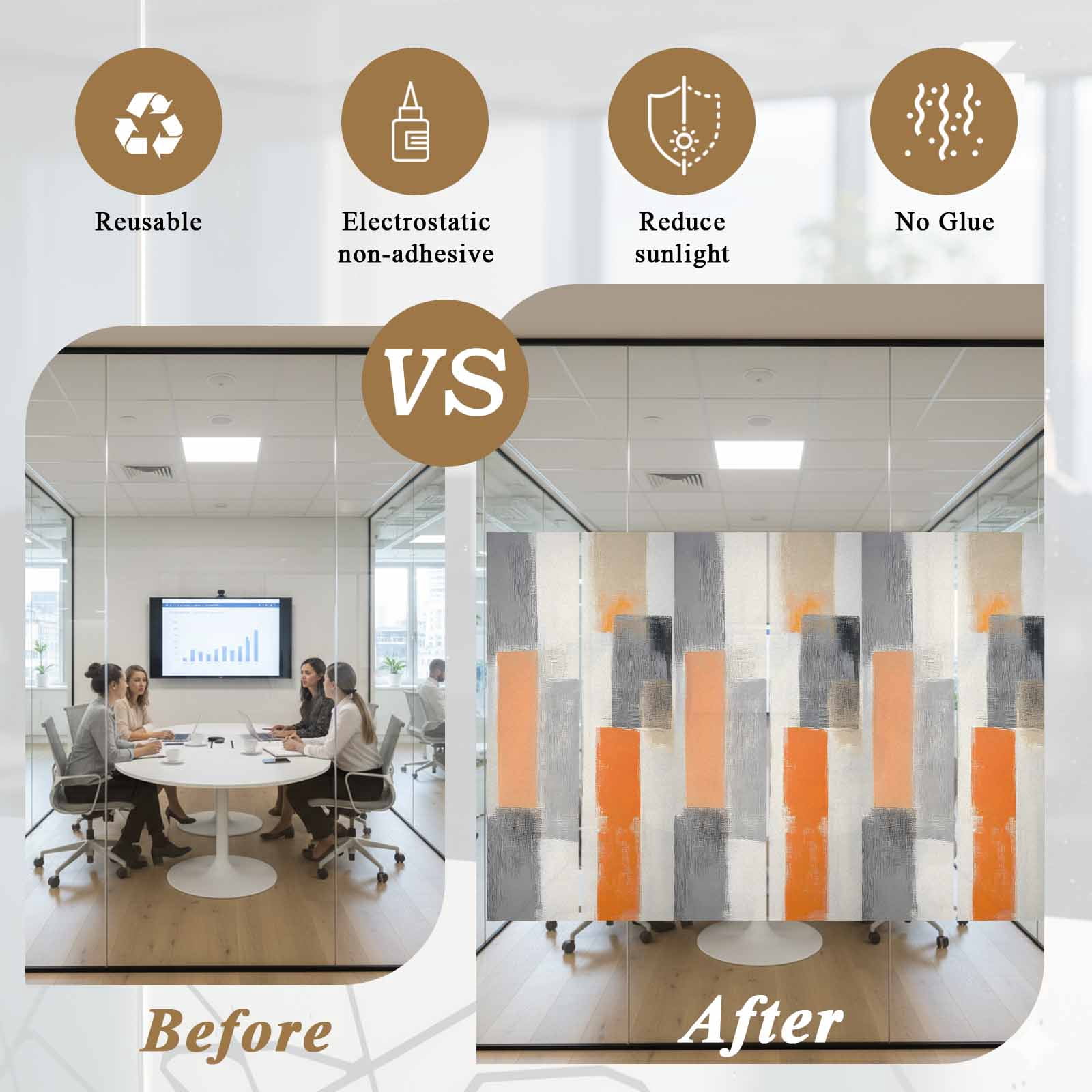 Modern Orange Beige Grey Window Privacy Film, Abstract Geometric Oil Painting Static Cling UV Sun Blocking Tint Film Heat Control Windows Films for Bedroom Bathroom, Window Stickers 29.5"x78.7"