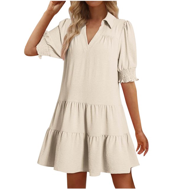 Fmbrln Summer Ruffle Flowy Mini Dress V Neck Short Sleeve T-shirts Dress Fashio Casual Loose Solid Color Sun Dress