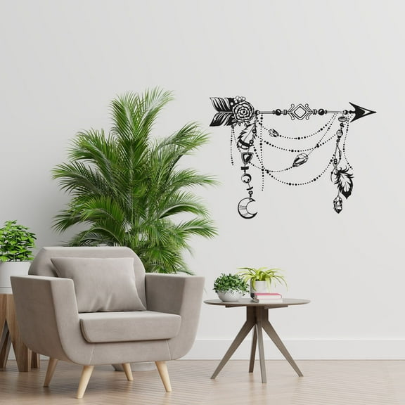 Arrow Feather Moon Boho Arch Abstract Modern Bohemian Accent Wall Sticker Art Decal for Girls Boys Kids Room Bedroom Nursery House Fun Home Decor Stickers Wall Art Vinyl Decoration Size (20x20 inch)