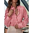 thumbnail image 4 of Women'S Plaid Ruffle V Neck Button Down Blouse Casual Long Sleeve Gingham Work Checkered Shirt Tops Red L, 4 of 8