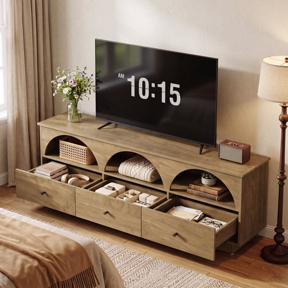 Finmind Wooden TV Stand with 3 Arched Open Shelves & 3 Drawers, 63" Mid Century Modern Media Console TV Storage Cabinet