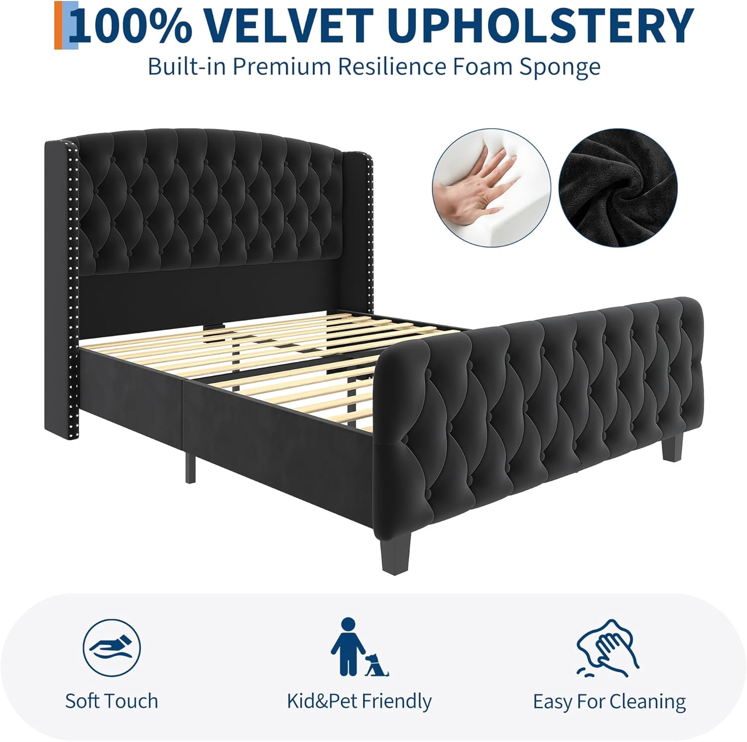 King Size Bed Frame with 51'' Tall Wingback Headboard, Velvet Upholstered Platform Bed Frames with Strong Wood Slats Support, Noise Free, No Box Spring Needed, Easy Assembly, Black