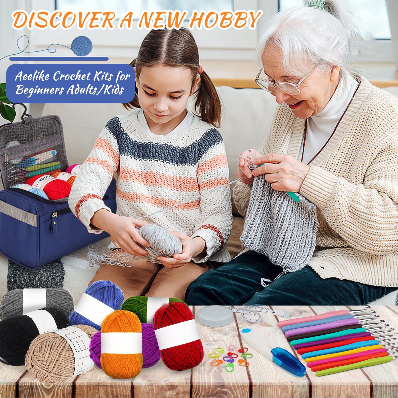 Wiher 46Pcs DIY Crochet Kit with Storage Bag Beginners Crochet Kit with Color Yarns, 12-size Crochet Needle, Stitch Marks, Big Eye Needles, Thread Scissors, DIY Crochet Craft Crochet Art Kit