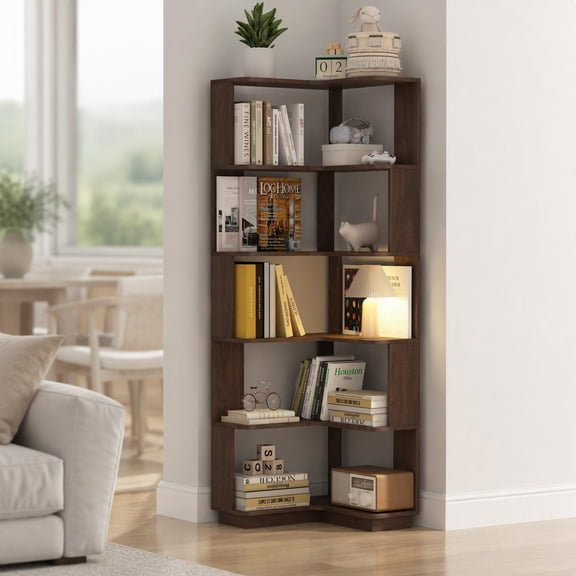 6-Tier L-Shaped Corner Bookshelf, Freestanding Wooden Display Shelf with Anti-Tip Safety and Side Guards, Open Storage Organizer for Living Room, Bedroom, Home Office, Dark Brown