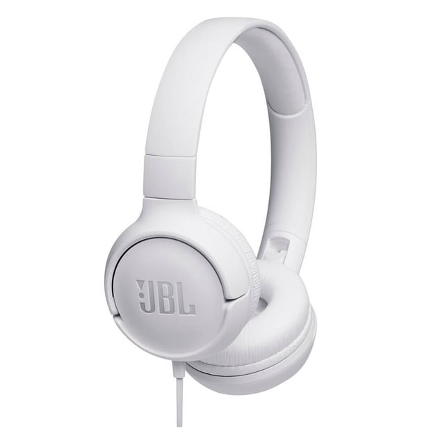 audífonos alámbricos jbl t500whtam blanco — audífonos supraaurales blancos, vista 3/4 frontal centrada con banda ajustable y copas acolchadas con logo JBL; especificados con amplificadores de 32 mm y sonido JBL Pure Bass, diseñados para audio portátil y compatibles con asistentes de voz.