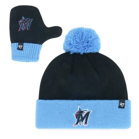 Toddler 47 Black Miami Marlins Bam Bam Cuffed Knit Hat with Pom & Mittens Set