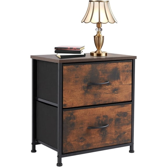 Simple Deluxe Nightstand 2 Drawers Dresser for Bedroom, 3-Tier Bedside Table with Fabric Bins, End Table for Living Room, wood top Load-bearing up to 44 lb, Rustic Brown Grain Print