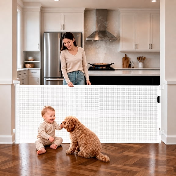 MONIRIXAR Retractable Baby Gate, 71" Extra Wide Mesh Dog Gate, 34" Tall, White