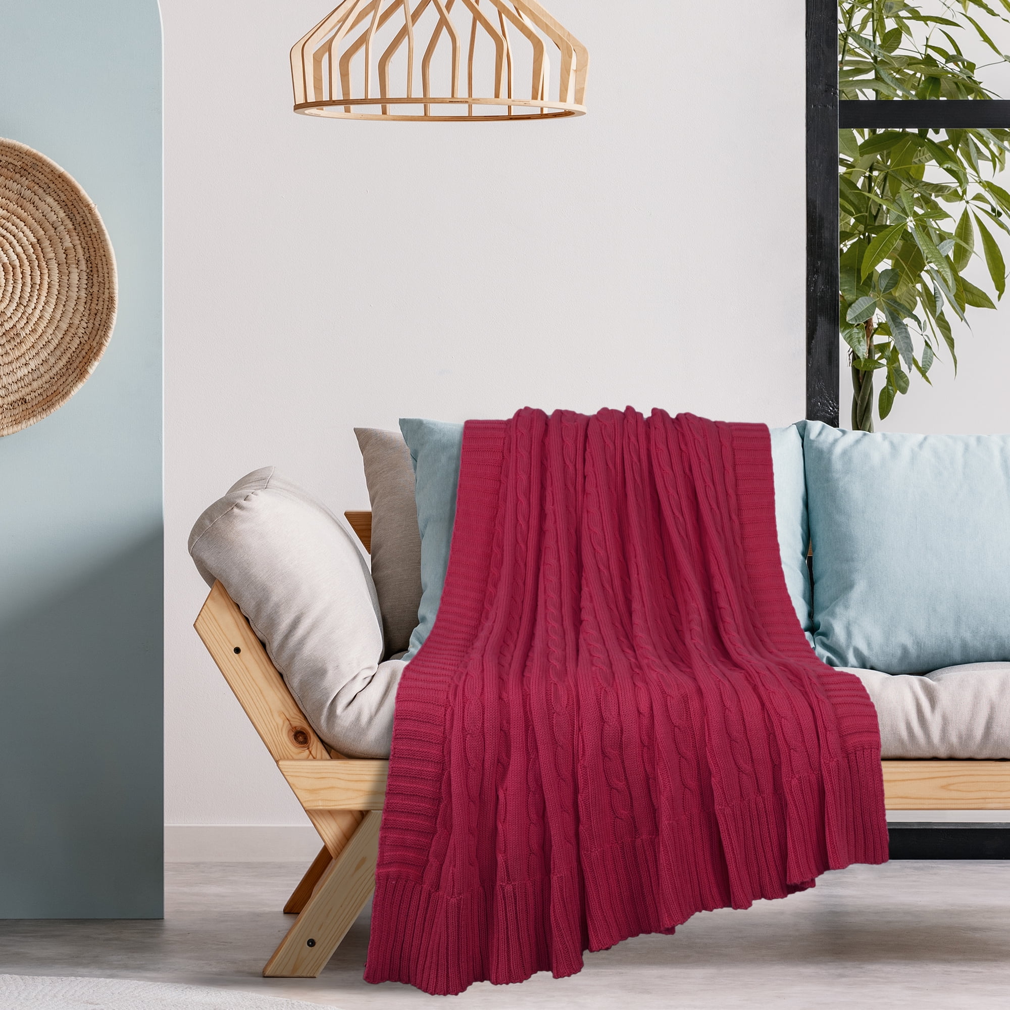 Unique Bargains Cable Knitted Bed Sofa Throw Blanket Red 71" x 79"