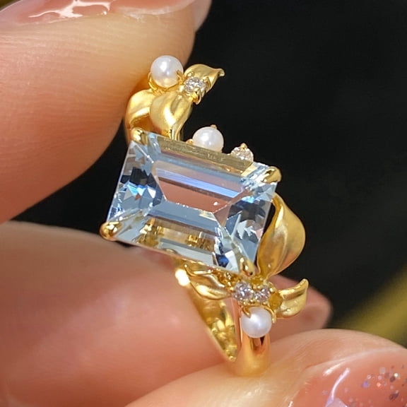 New 925 Stamp Fashion Imitation Natural Pearl Plated 14k Yellow Gold Flower Ring For Women Square Blue Topaz Ring