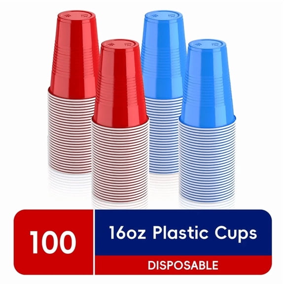 JOLLY CHEF 100 Pack 16 oz Disposable Plastic Cups, Red and Blue Party Plastic Cups for Parties, Picnics and BBQ