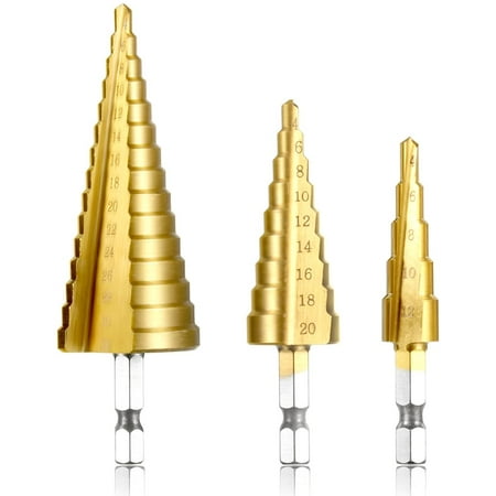 

3pc HSS Step Drill Bit Set Titanium Coated Hex Shank Cutting Cone Drill Cone Drill for Stainless Steel Metal Wood Plastic 4-12/4-20/4-32mm