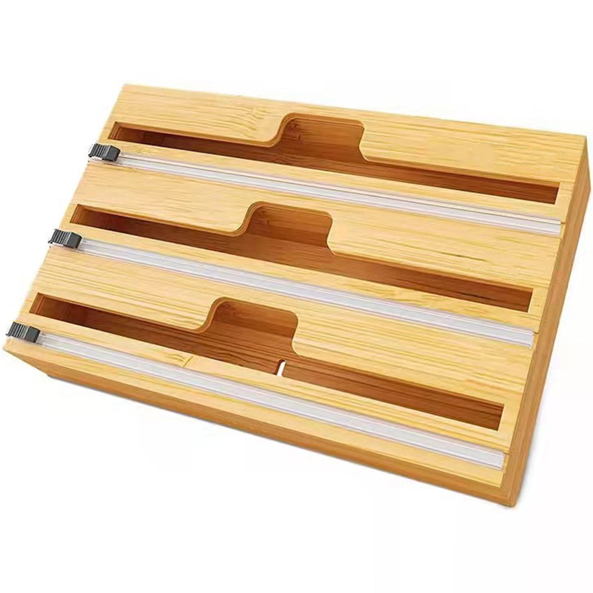 2 in 1 Wrap Dispenser with Cutter,Aluminum Foil and Wax Paper Dispenser for Kitchen Drawer,Bamboo Roll Organizer Holder 