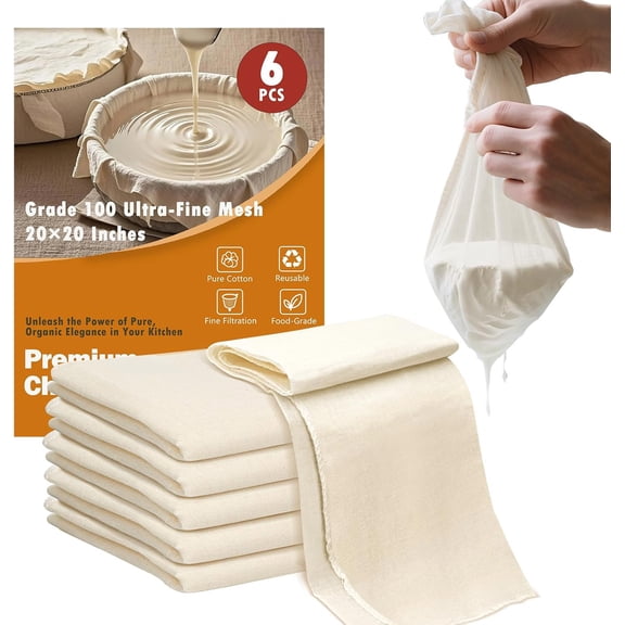 High-Grade 100 Cheesecloth – 6-Pack, Soft & Durable 20x20 Inch Cotton, Lock-Edged, Reusable for Cooking, Straining, and Cheesemaking