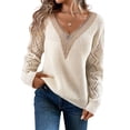 thumbnail image 3 of NFTOEIULA Women Guipure Lace Panel V Neck Long Sleeve Pointelle Knit Sweater, 3 of 7