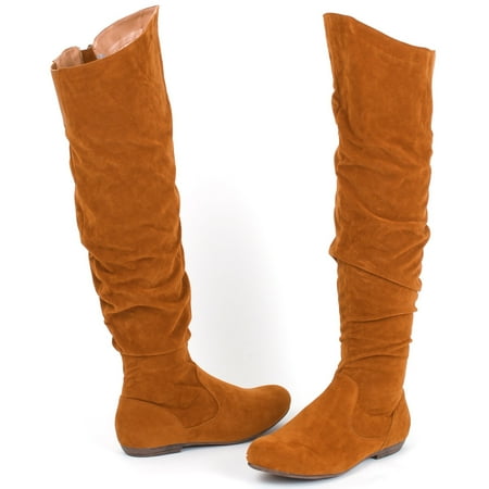 cognac knee high flat boots