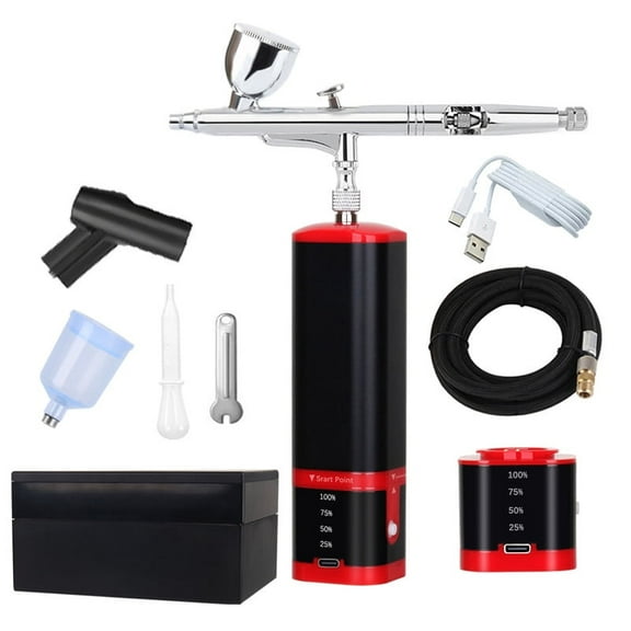 Airbrush Kit with Compressor Rechargeable handhold portable air brush kit cordless Gravity Feed Dual Action 0.3mm Nozzle 2 Batteries Power Display Compact for Models DIY Painting, Red