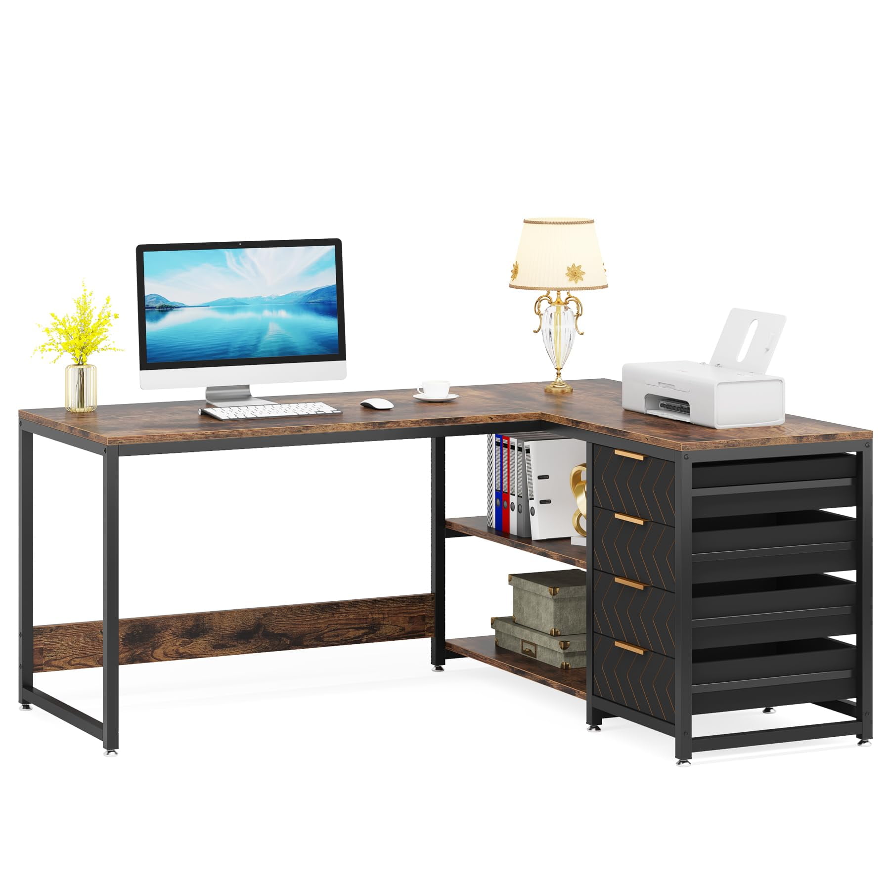 L Shaped Computer Desk Corner Office Writing Table Workstation Home Bedroom Study Room Furniture Storage Drawers Open Shelves Reversible Frame Modern Minimalist Style Black 1 Piece