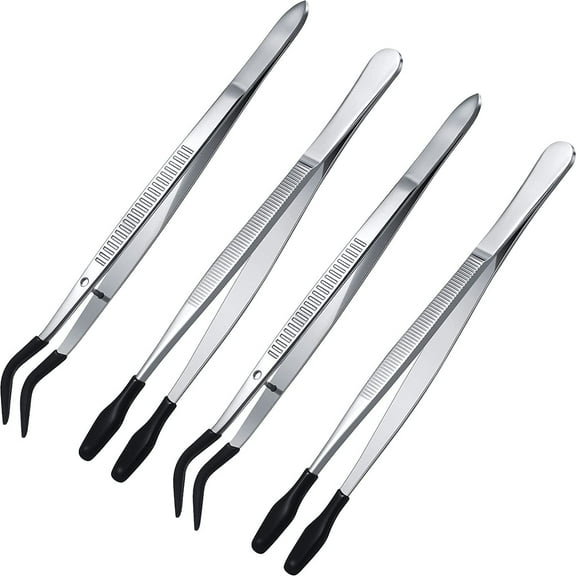 4 Pieces Rubber Tipped Tweezers PVC Silicone Tip Tweezers Coated Flat and Bent Forceps for Lab Industrial Jewelry Craft Coin Stamp Tongs(Black)