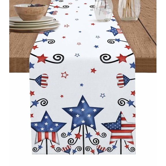 Ldtrchee 4th of July Table Runner 48 Inches, Blue Red Star Watercolor Independence Day Bed Runner Dresser Scarves Tabletop for Indoor Outdoor Parties/Ceremony/Banquet, 13" x 48"