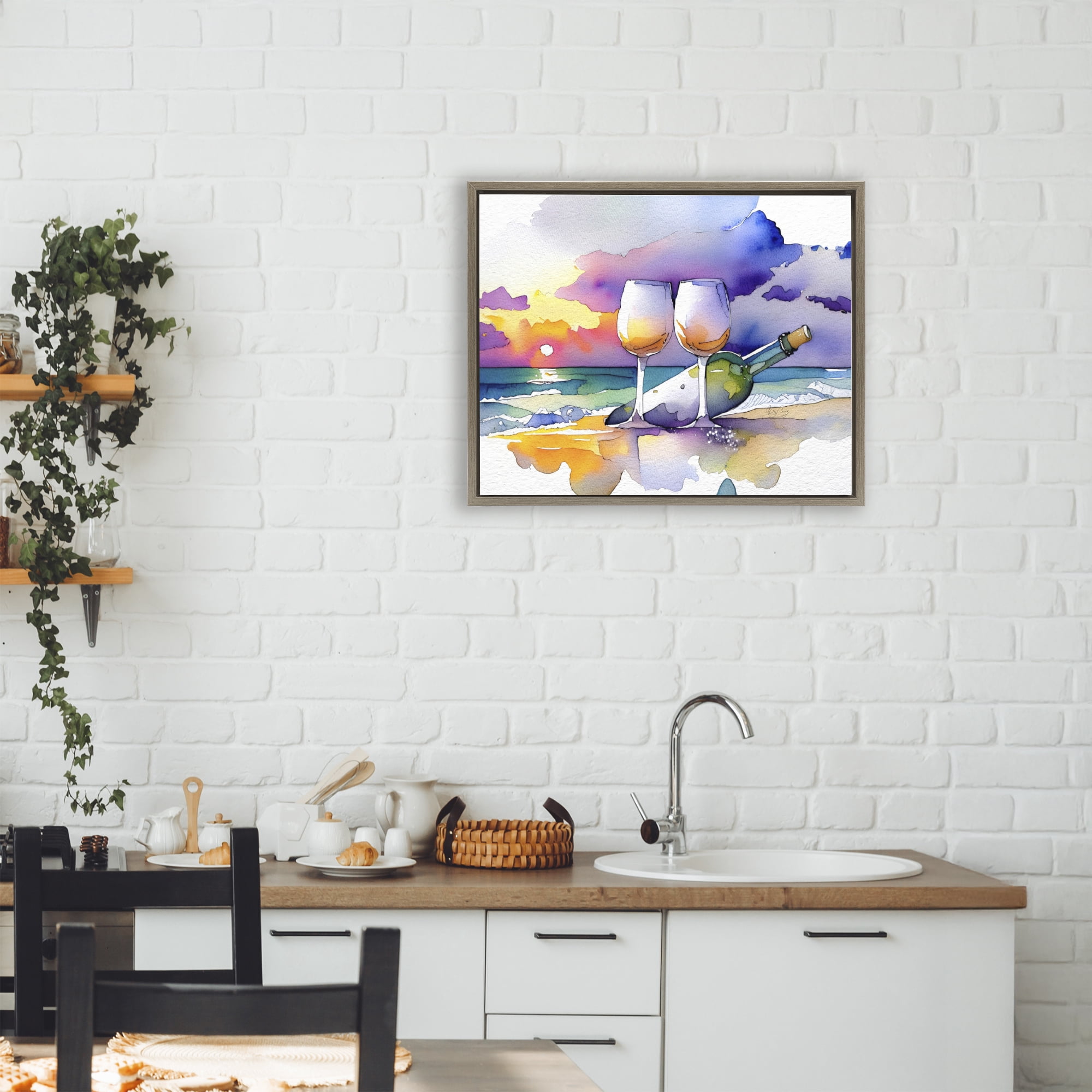 Stupell Industries Coastal Cheers with Wine Brown Framed Floater Canvas Wall Art, design by Shelly Craig