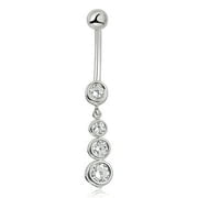 AVORA 10K White Gold Simulated Diamond CZ Top Down Linear Dangling Belly Button Ring Body Jewelry (14 Gauge)