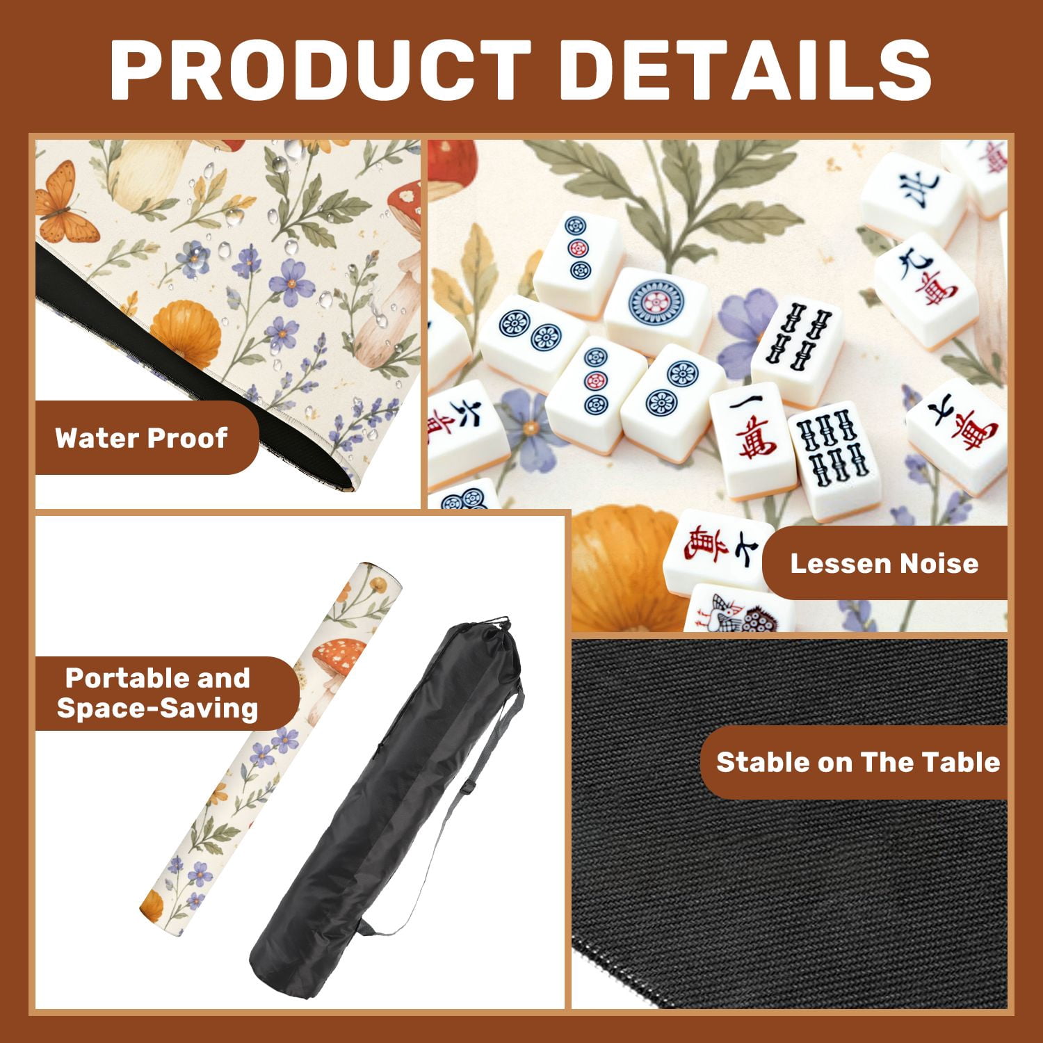 Mahjong Mat 31.5" x 31.5" Whimsical Mushroom Wildflower Seamless Soft Watercolor Cottagecore Non-Slip Noise Reduction American Mahjong Tiles Table Cover for Dominoes Poker Card Board Games Gift
