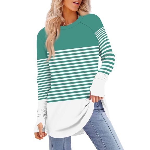 JGGSPWM Womens Tunic Tops to Wear with Leggings Long Sleeve Thumb Hole Shirts Crew Neck Color Block Basic Graphic Tees Green L