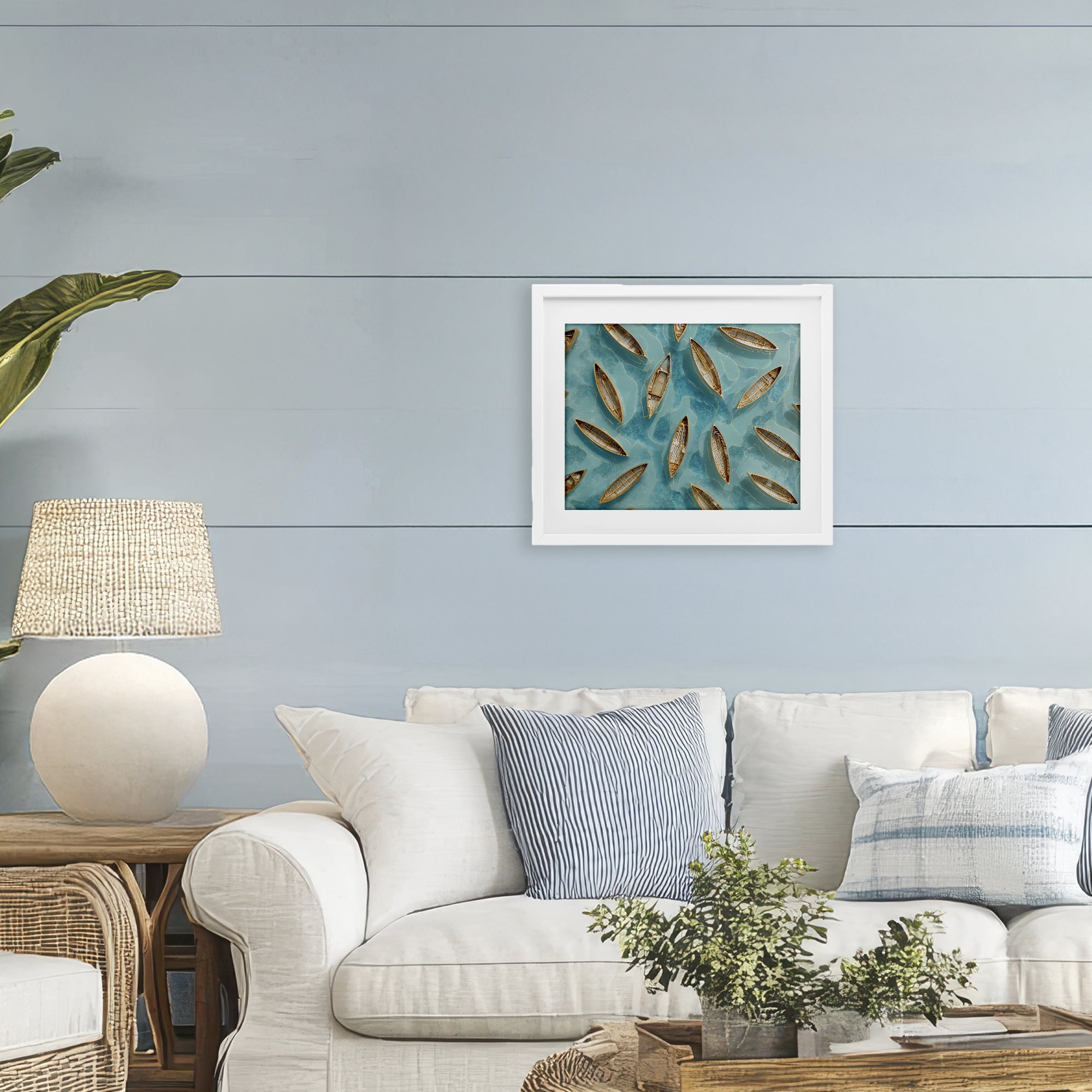Harmonious Canoes on Water White Framed Print Under Glass, design by Franklyn Gregory