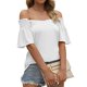 thumbnail image 2 of Camisa de manga corta para mujer, cuello en V plisado, manga con volantes, camisa con hombros descubiertos, Top para fiesta de vocación diaria de verano, 2 of 6