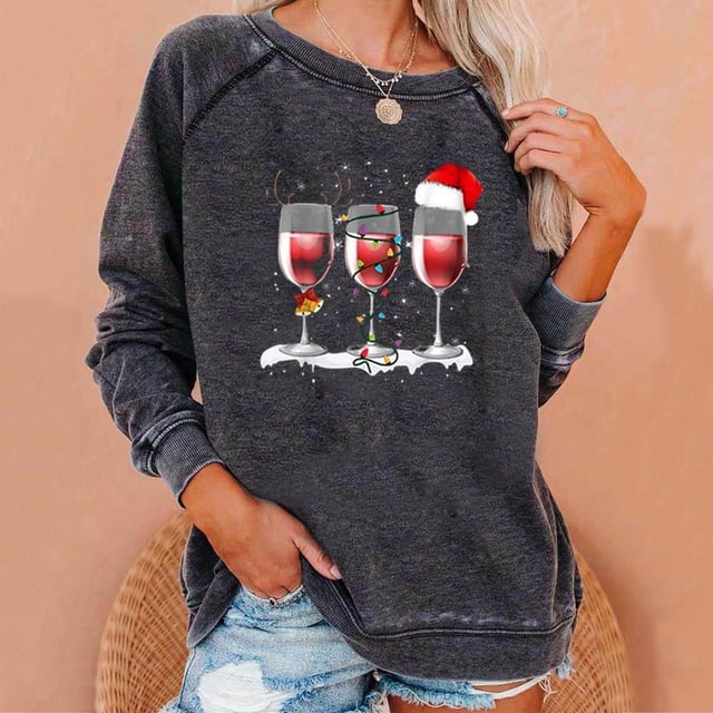 Nouveaux Hauts pour Femmes 2023 Manches Longues Col Rond Hauts Chemises Amples Imprimé de Noël Blouse Graphique Coupe Décontractée Chandail en Molleton Oversize pour Femmes