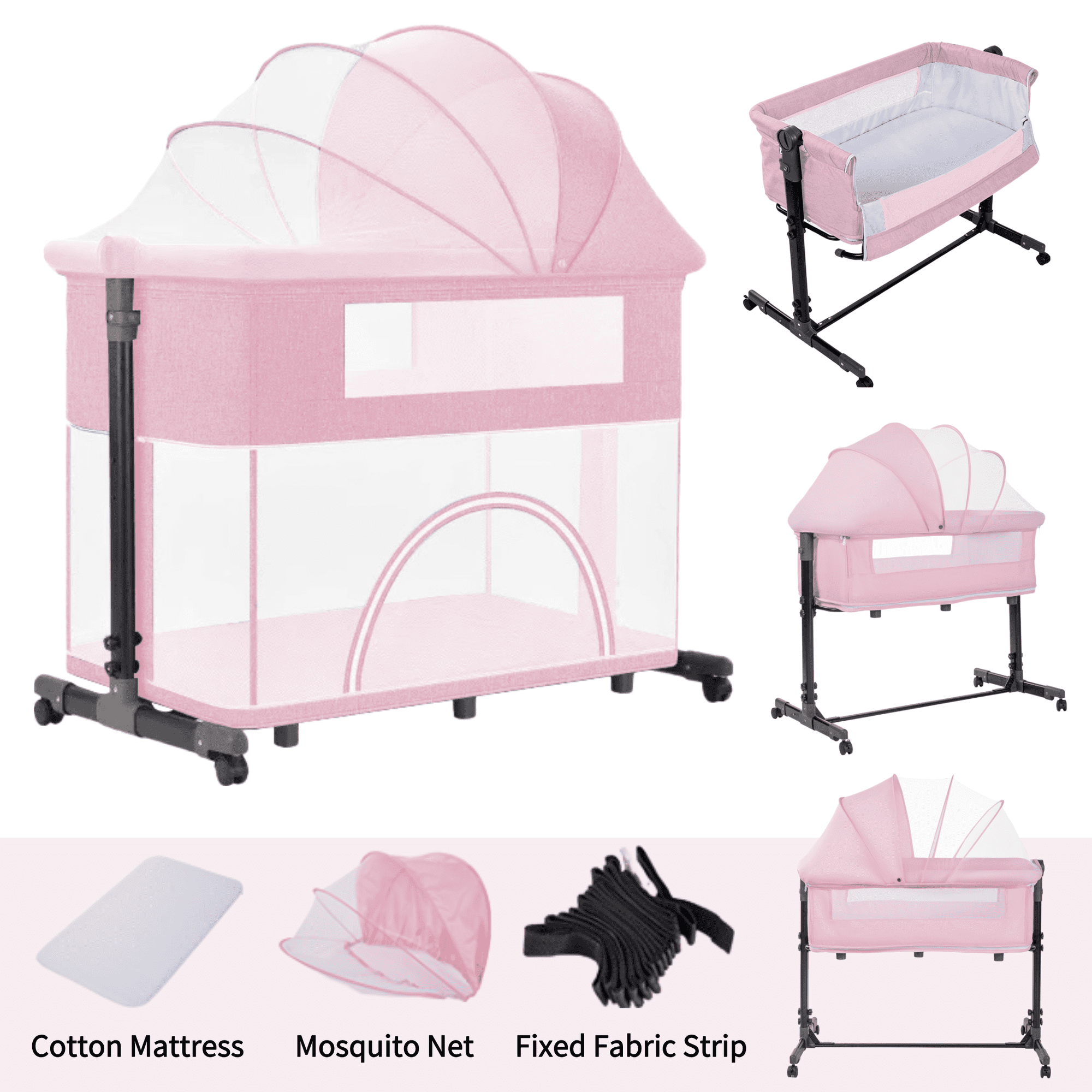 Portable Baby Bassinet & Baby Bedside Sleeper,Newborn Rocking Crib and Playard Combo with Play Zone,Unisex,PINK